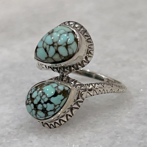 Blue Moon Turquoise Teardrop Black Oxidized Sterling Silver Bypass Silver Ring - Picture 3 of 9